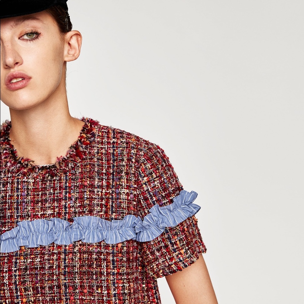 ZARA Tweed Top With Contrasting Ruffle - Picture 2 of 6